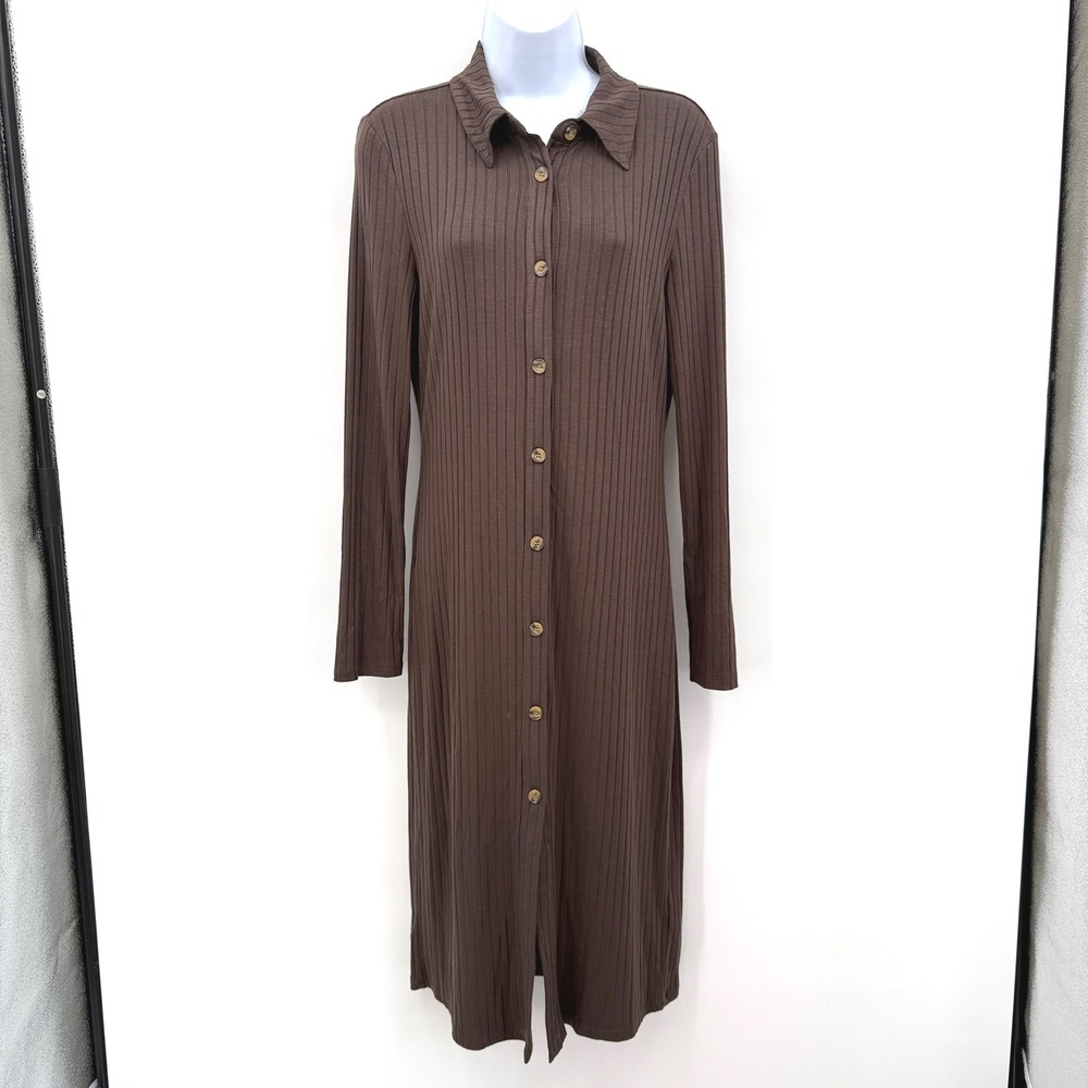 Sanctuary Brown Ribbed Knit Long Sleeve Button Down Midi Dress Sz M Fairy Nature